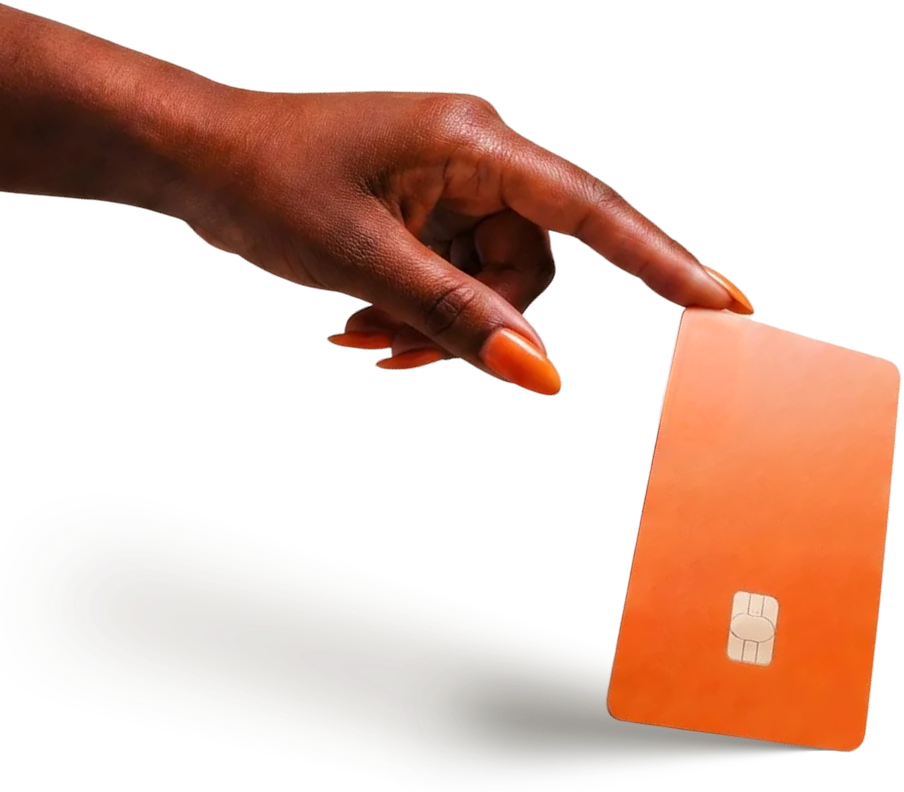 A hand holding a payment card above a rotating diagram of approval signals