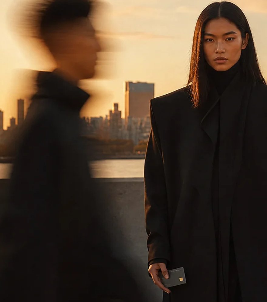 A woman holding a payment card on a rooftop at sunset, a passer-by blurred in motion beside her